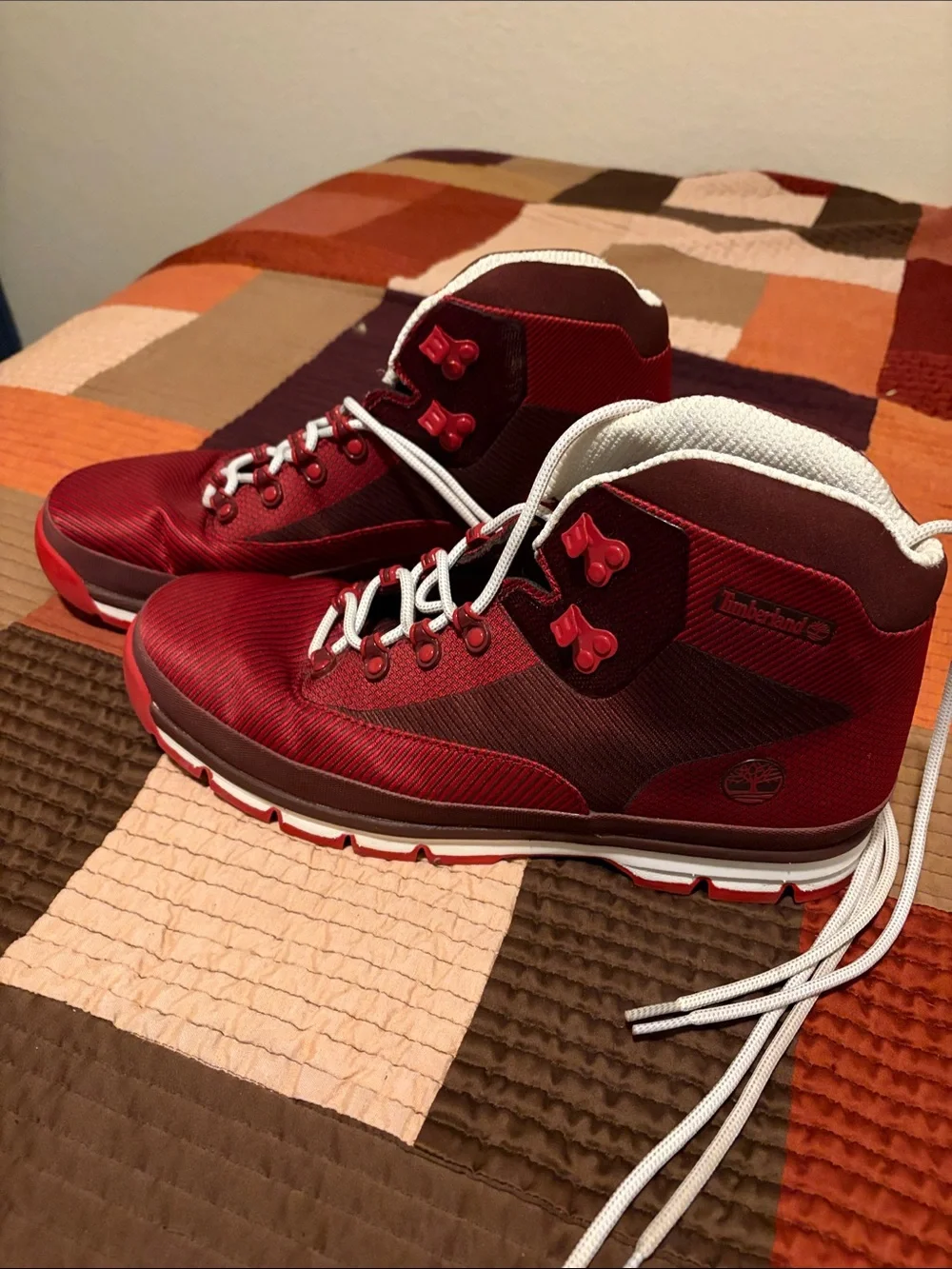 Timberland Men’s Red and White Mid-Top Hiking Boots